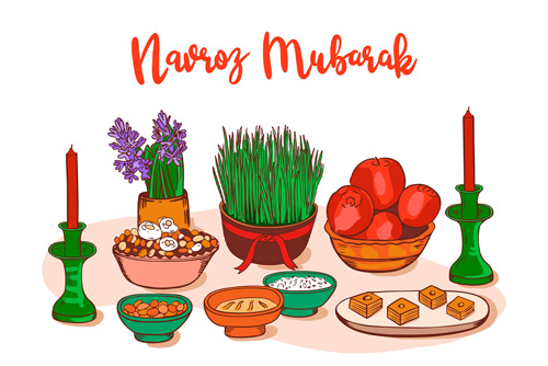 وکتور EPS و Ai لایه باز طرح گرافیکی و کارتونی سفره هفت سین شامل سبزه و سیب و شمع و آجیل و گل سنبل و سنجد ویژه عید نوروز